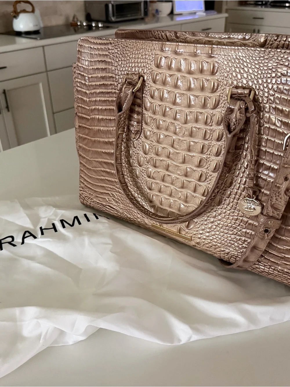 Brahmin Metallic gold Satchel with Croc Embossing